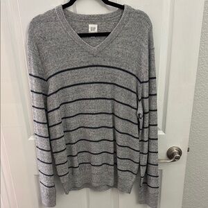 Gap Heather Gray V-neck Sweater with Navy Stripes